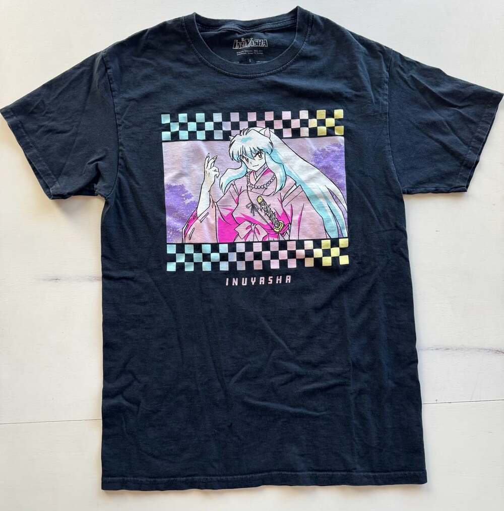 InuYasha Checkered Portrait T-Shirt Size S Black Graphic Tee